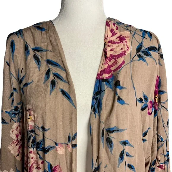 Charlotte Russe Open Front Kimono Top L Taupe Floral Ruffle Long Sleeves Rayon - Picture 2 of 7